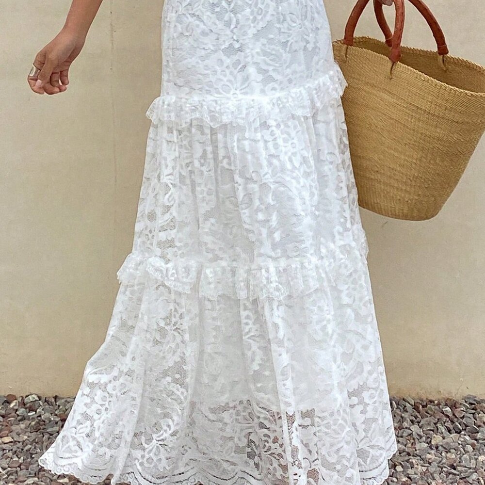 White Elegant Women's Lace Ruffle Hem Casual Flared Skirt Vacation - Picture 4 of 6